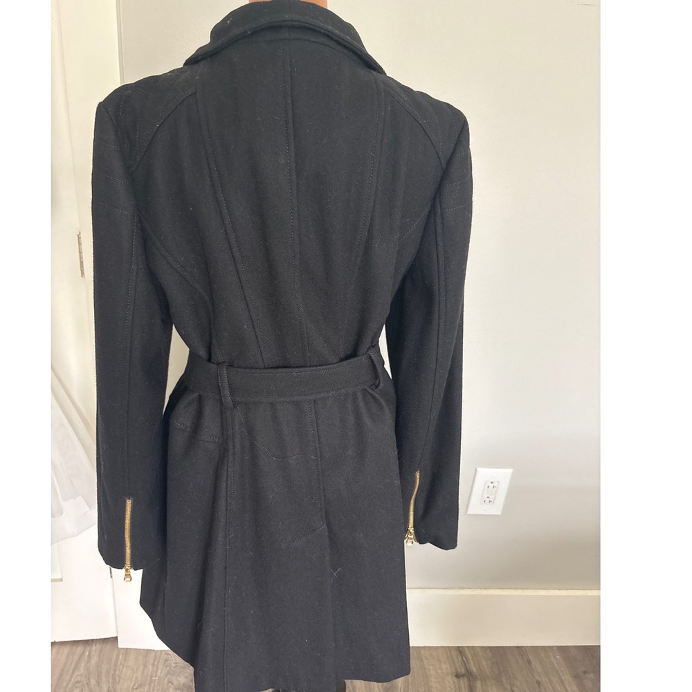 Vintage Guess Black Wool Blend Double Breasted Trench Coat Gold Buttons XL - Picture 5 of 11